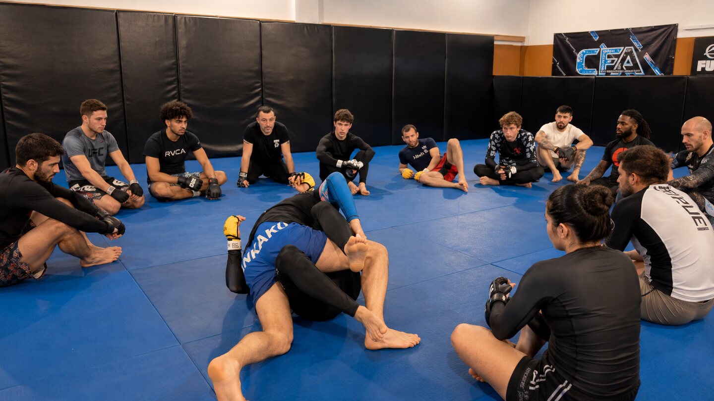 Lezione tecnica di BJJ e grappling sul tatami di Aurora MMA Roma